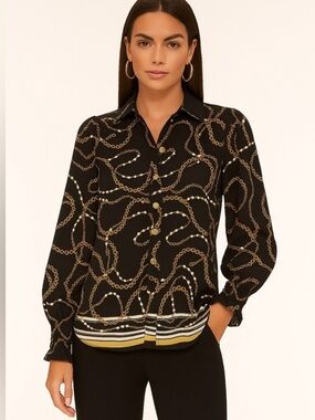 NWT Como Black Chain-Print and Pearls Button-Front Blouse in Black Gold White S
